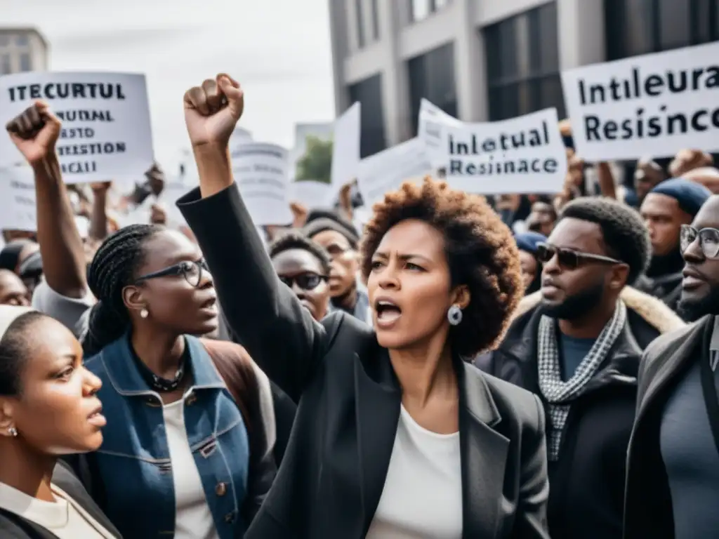 Imagen en blanco y negro de manifestantes con puños en alto y pancartas en protesta por la resistencia intelectual, teoría crítica y neoliberalismo
