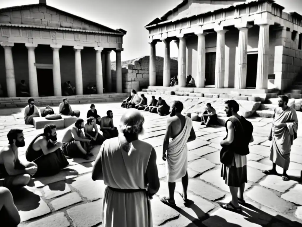 Imagen en blanco y negro de un mercado griego antiguo, con comerciantes y un filósofo que se asemeja a Sócrates