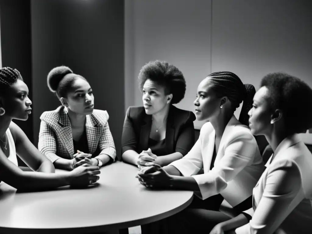 Imagen en blanco y negro de mujeres debatiendo apasionadamente sobre libertad y feminismo en un encuentro intelectual