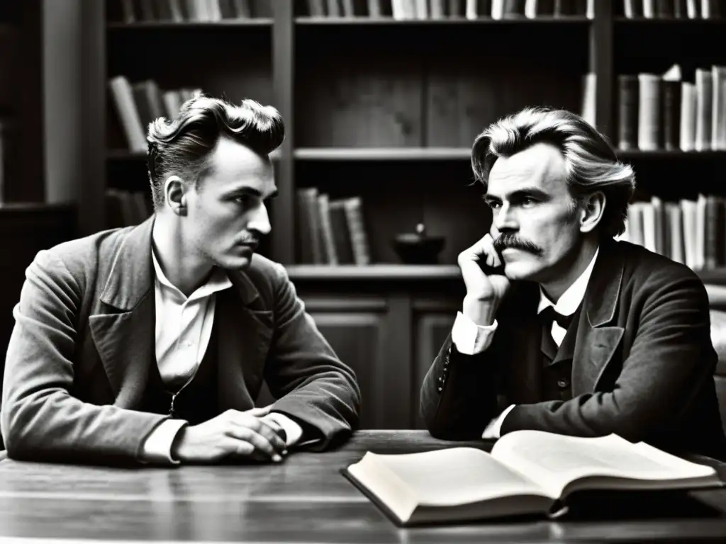 Imagen en blanco y negro de Kierkegaard y Nietzsche inmersos en una profunda conversación filosófica en un estudio rústico y sombrío
