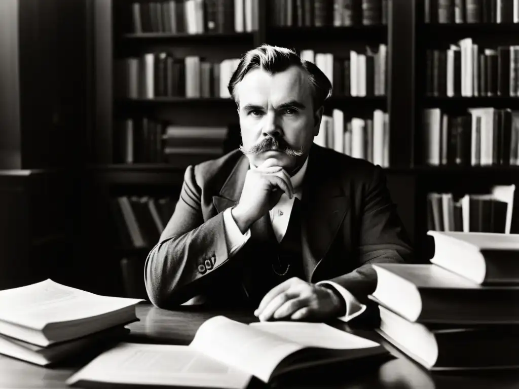 Imagen en blanco y negro de Friedrich Nietzsche pensativo en su estudio, rodeado de libros y papeles