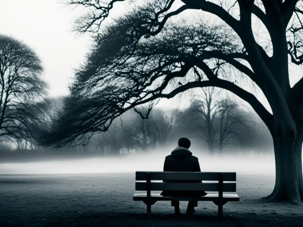 Imagen en blanco y negro de una persona solitaria en un banco del parque, con expresión pensativa