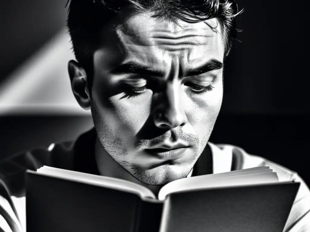 Imagen en blanco y negro de una persona con ceño fruncido, concentrada y escéptica, sosteniendo una pluma y un cuaderno