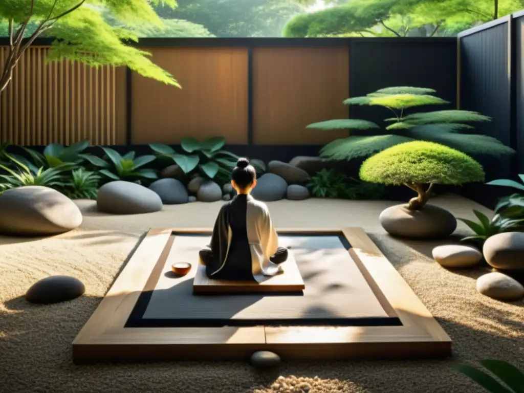 Imagen en blanco y negro de un jardín Zen con una persona meditando