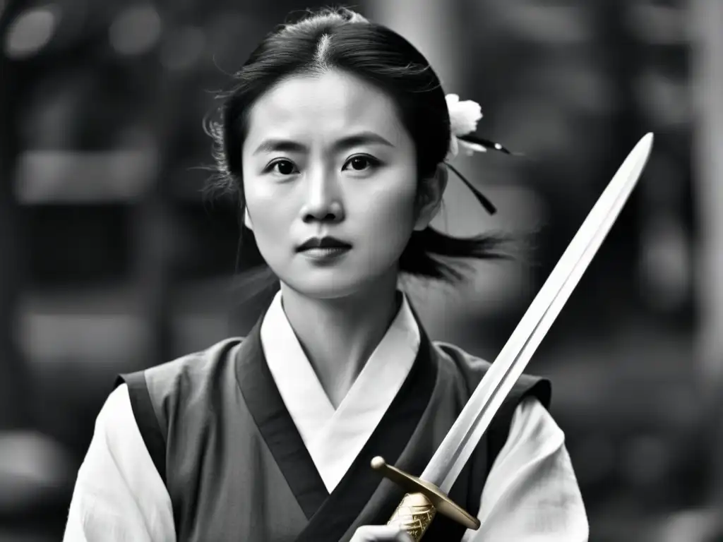 Imagen en blanco y negro de Qiu Jin, filósofa pionera del pensamiento feminista, vistiendo ropa tradicional y sosteniendo una espada, mostrando determinación y empoderamiento