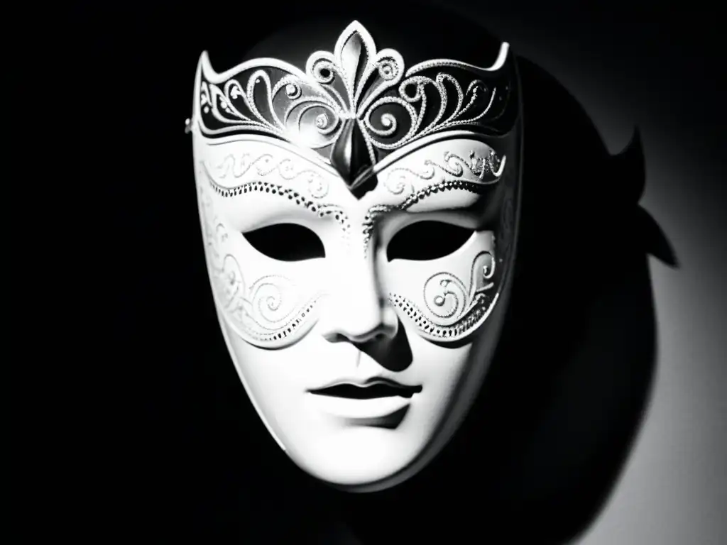 Una imagen en blanco y negro muestra un primer plano de una persona con una máscara teatral parcialmente puesta