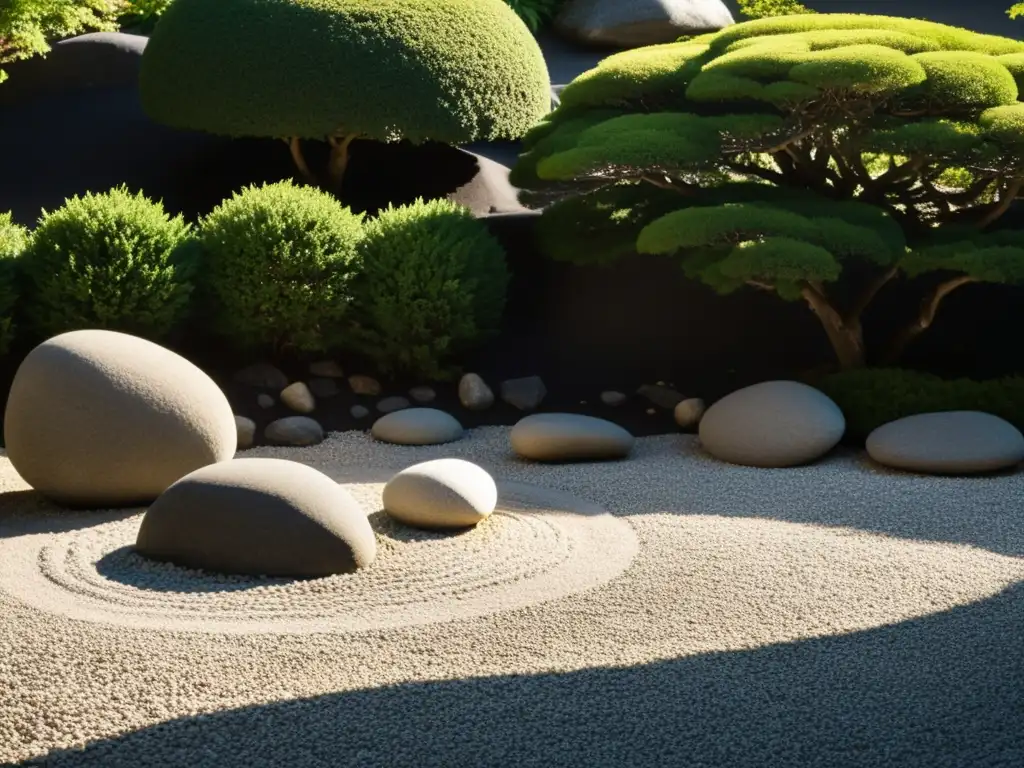 Imagen en blanco y negro de un jardín de rocas japonés, evocando la armonía y tranquilidad del escepticismo griego y la filosofía zen