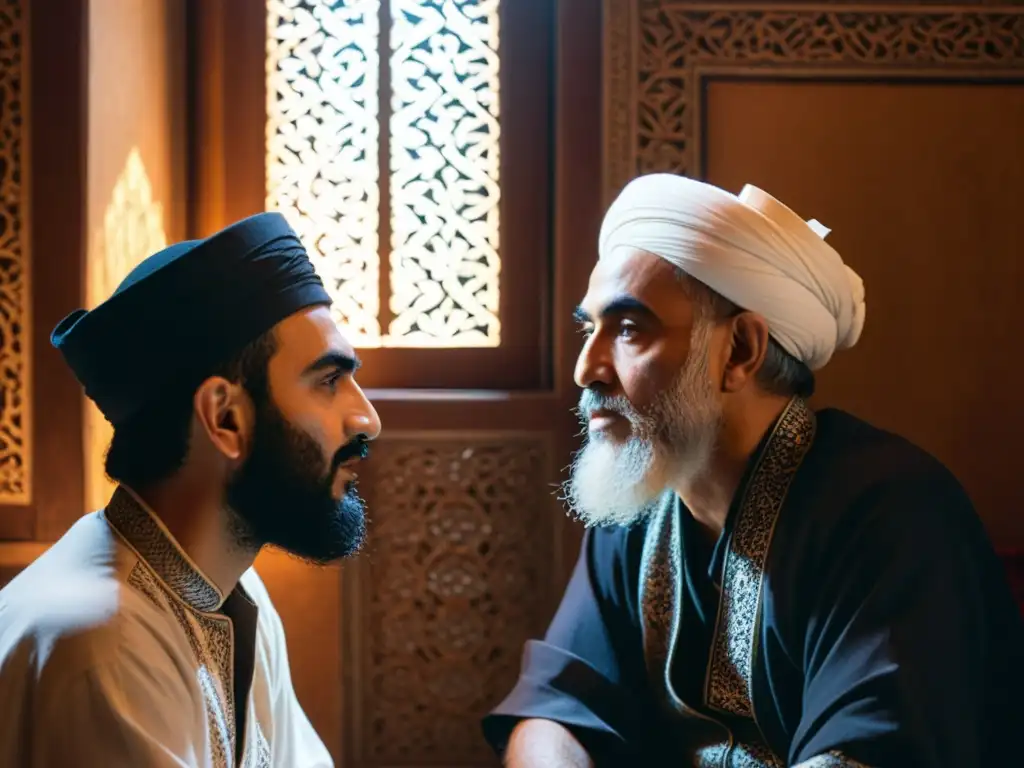 Imagen en blanco y negro de Rumi y Shams en una habitación con luz tenue, evocando la historia de amor y filosofía sufí