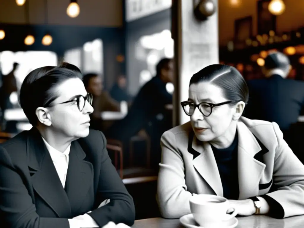 Imagen en blanco y negro de Sartre y Beauvoir en un café parisino, inmersos en conversación filosófica