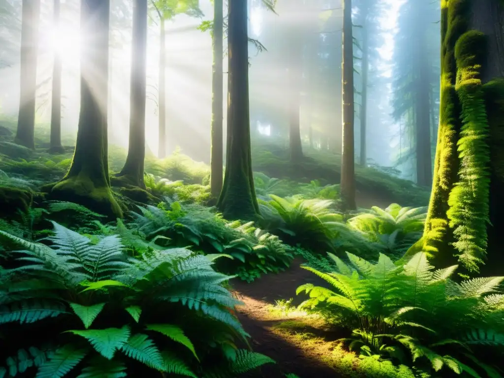 Imagen de un bosque antiguo, con árboles imponentes y una atmósfera serena que invita a reflexionar sobre la ética ambiental de Arne Naess