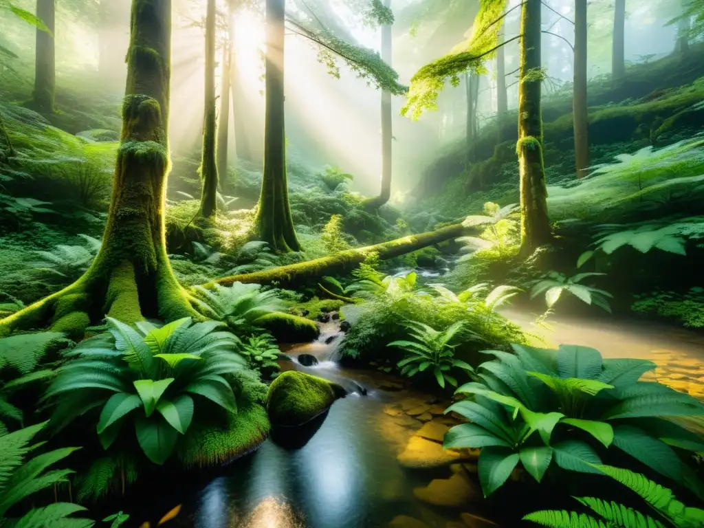 Imagen 8K de un bosque antiguo exuberante con árboles majestuosos y una atmósfera de serenidad