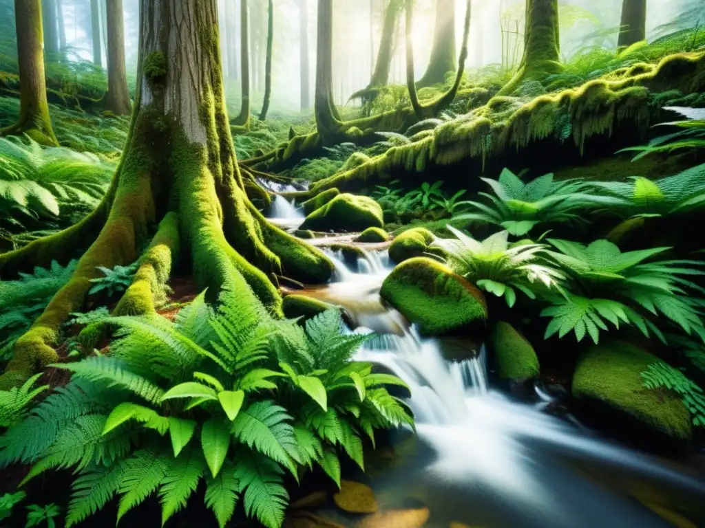 Imagen de un bosque antiguo y exuberante, con árboles majestuosos y arroyo sereno