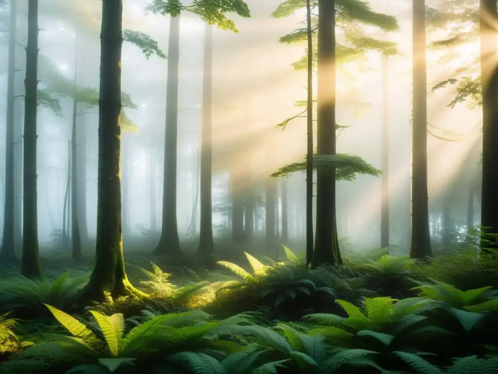 Imagen de un bosque intocado al amanecer, con una atmósfera etérea que invita a reflexionar sobre utopías ecológicas en corrientes filosóficas