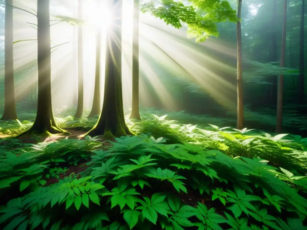 Imagen de un bosque sereno y exuberante con rayos de sol filtrándose entre las hojas