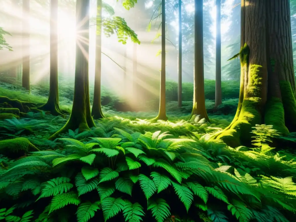Imagen de un bosque sereno con luz solar filtrándose a través del dosel verde, creando patrones de luz y sombra