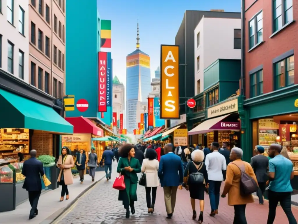 La imagen muestra una bulliciosa calle urbana multicultural, capturando la energía vibrante y la simbiosis de diferentes influencias culturales