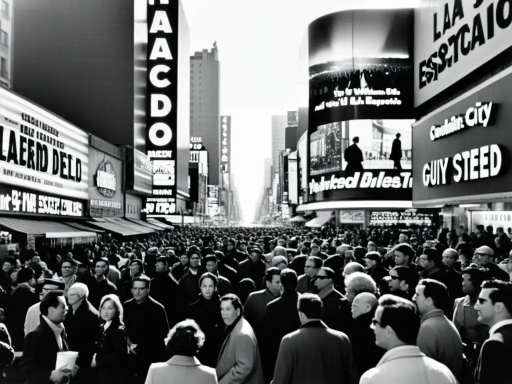 Imagen de una bulliciosa calle urbana en blanco y negro, reflejando la atmósfera de 'La Sociedad del Espectáculo' de Guy Debord
