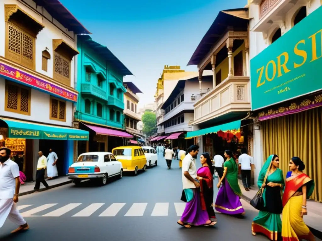 Imagen de la bulliciosa y vibrante escena callejera en una ciudad india moderna, con arquitectura Parsi tradicional y símbolos Zoroastrianos