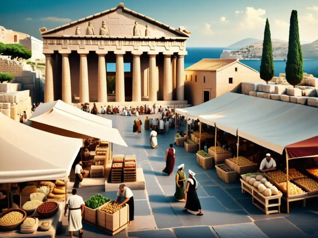 Imagen de un bullicioso mercado griego rodeado de arquitectura clásica, donde la gente discute sobre la Ruta epicúrea libertad financiera