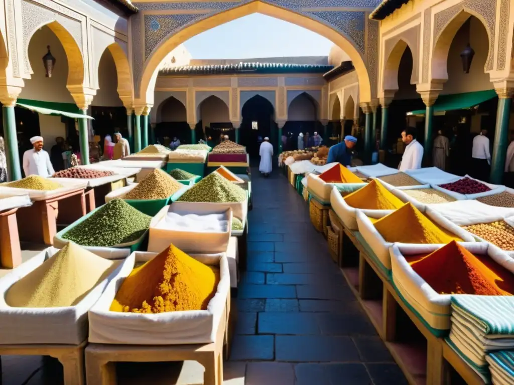 Imagen de un bullicioso mercado en Fez, Marruecos, que refleja intercambios filosóficos norte de África en una atmósfera cultural vibrante y colorida