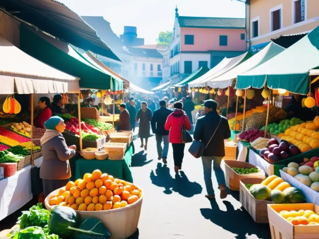 Imagen de un bullicioso mercado con personas de diferentes culturas, colores y artesanías