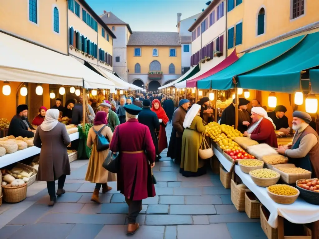 Imagen del bullicioso mercado renacentista, repleto de comerciantes, artistas y filósofos en apasionadas discusiones