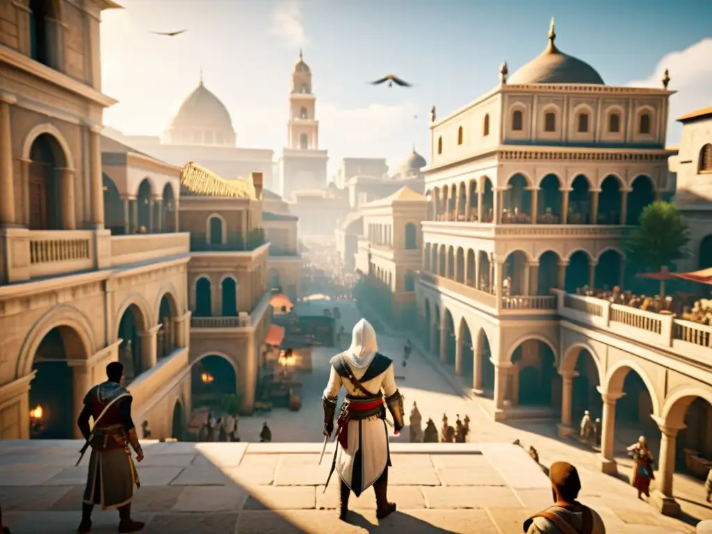 Imagen de un bullicioso mundo virtual en el videojuego 'Assassin's Creed', destacando la fusión de historia y fantasia