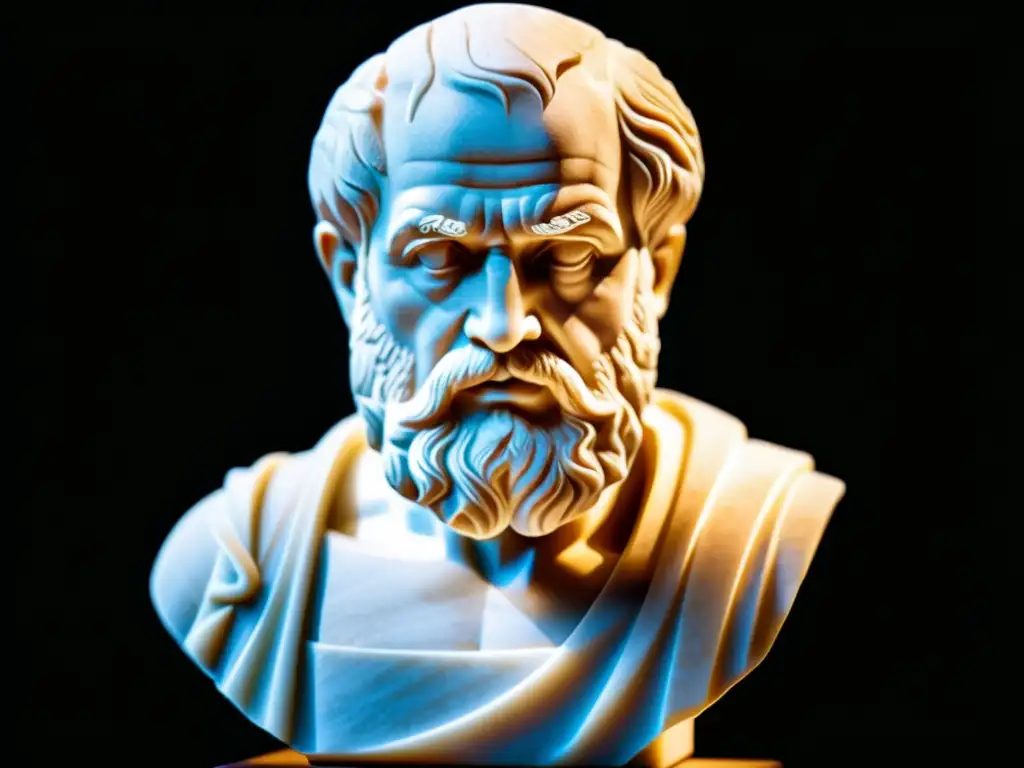 La imagen muestra un busto detallado en mármol de Aristóteles, con luz y sombra resaltando su expresión reflexiva