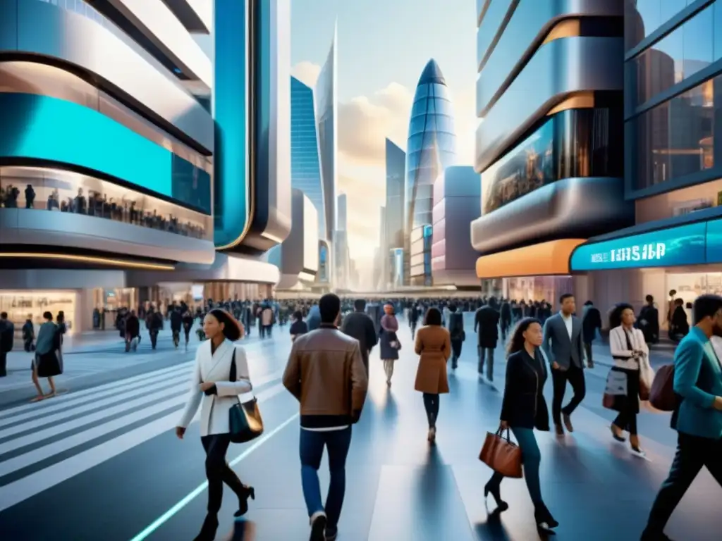 Imagen de una calle urbana futurista con arquitectura avanzada y diversidad, reflejando la filosofía de la sociedad perfecta utopía