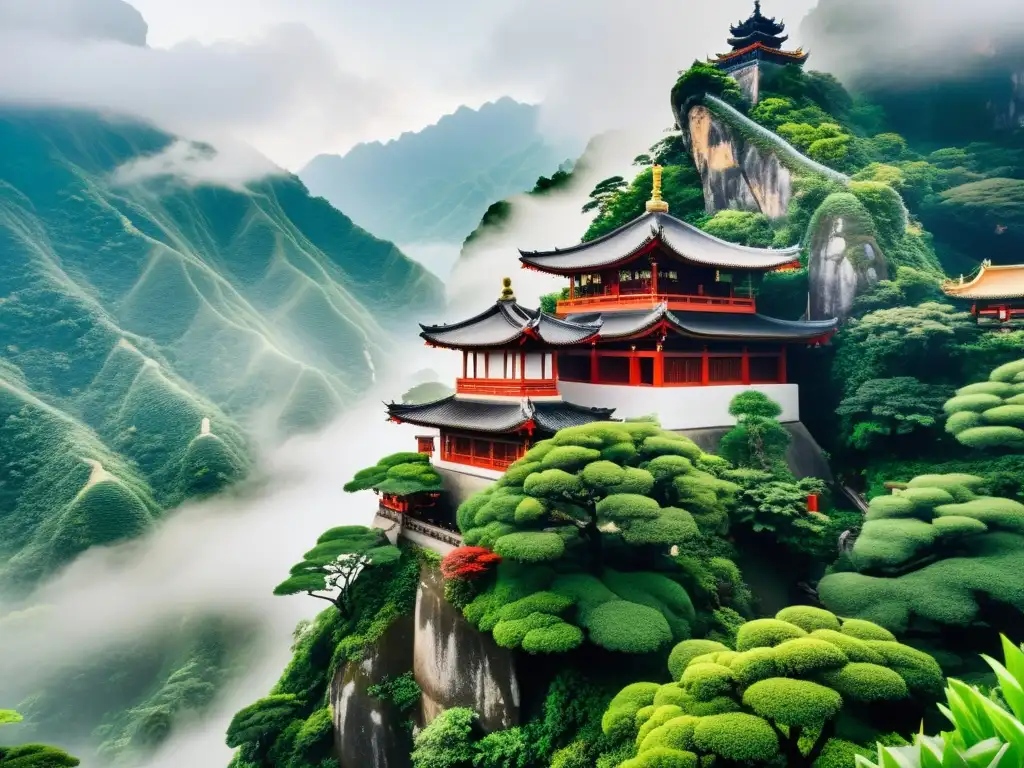 Imagen de un camino serpenteante que conduce a un templo taoísta en un paisaje montañoso, reflejando equilibrio y contraste en Taoísmo
