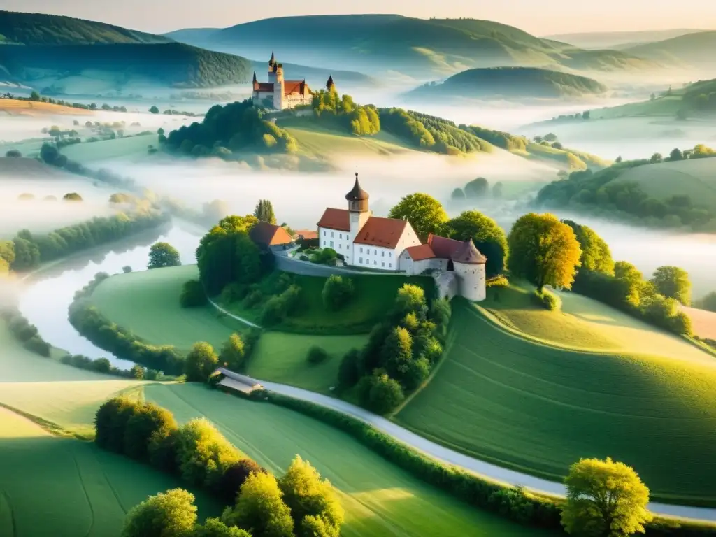 Imagen de la campiña alemana al amanecer, con colinas, río, puente de piedra y castillo en la distancia