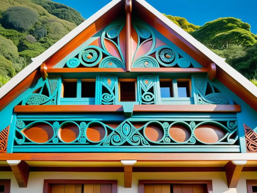 Imagen de una casa de reuniones Maorí, tallada y decorada con patrones coloridos, rodeada de exuberante vegetación y un cielo azul