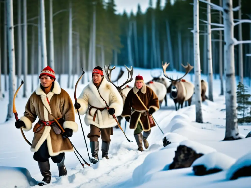 Imagen de cazadores siberianos rastreando renos en un bosque nevado, respetando la ética siberiana prácticas de caza