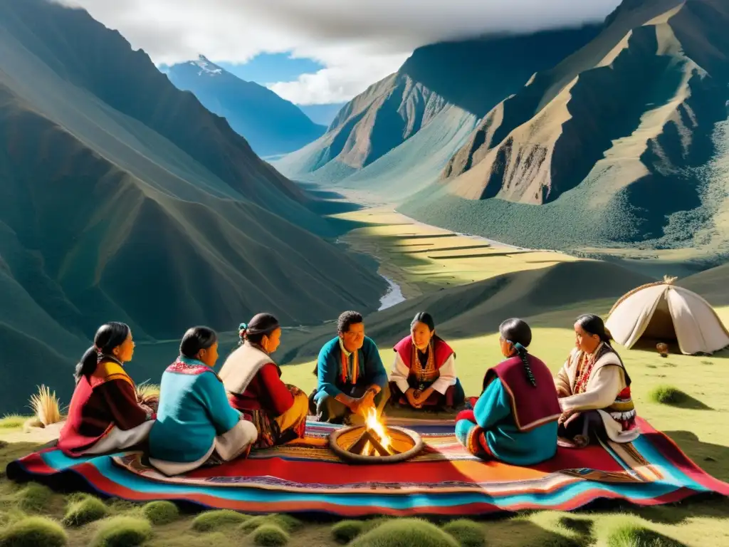 Imagen de ceremonia andina con la Filosofía del buen vivir andino en vibrantes paisajes montañosos