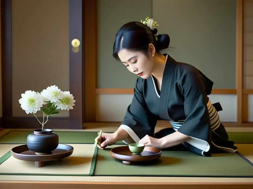 Imagen de una ceremonia del té japonesa, con un maestro sirviendo matcha en una elegante habitación tatami