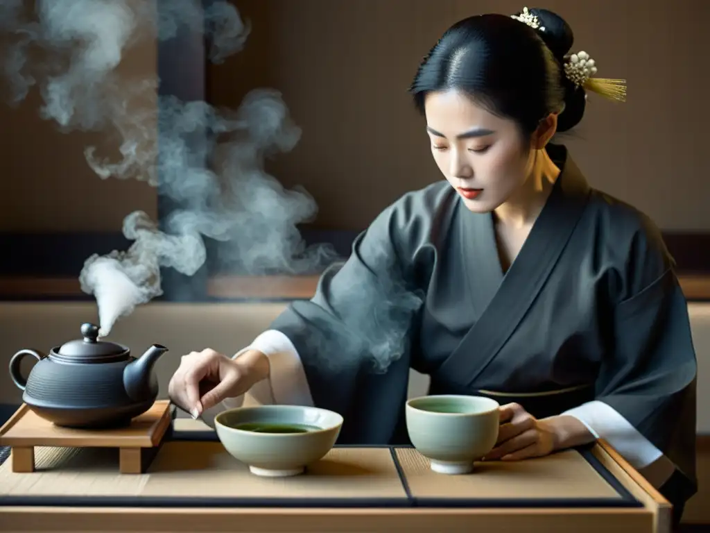 Imagen de una ceremonia del té japonesa, con el maestro sirviendo el té con precisión y detalle, transmitiendo serenidad y riqueza cultural