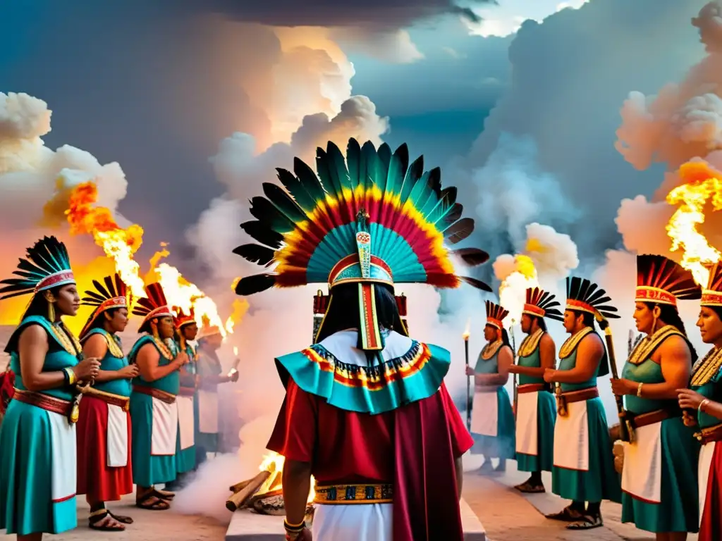 Imagen de ceremonia ritual Azteca con fuego sagrado, evocando renacimiento y purificación en cosmovisión Azteca