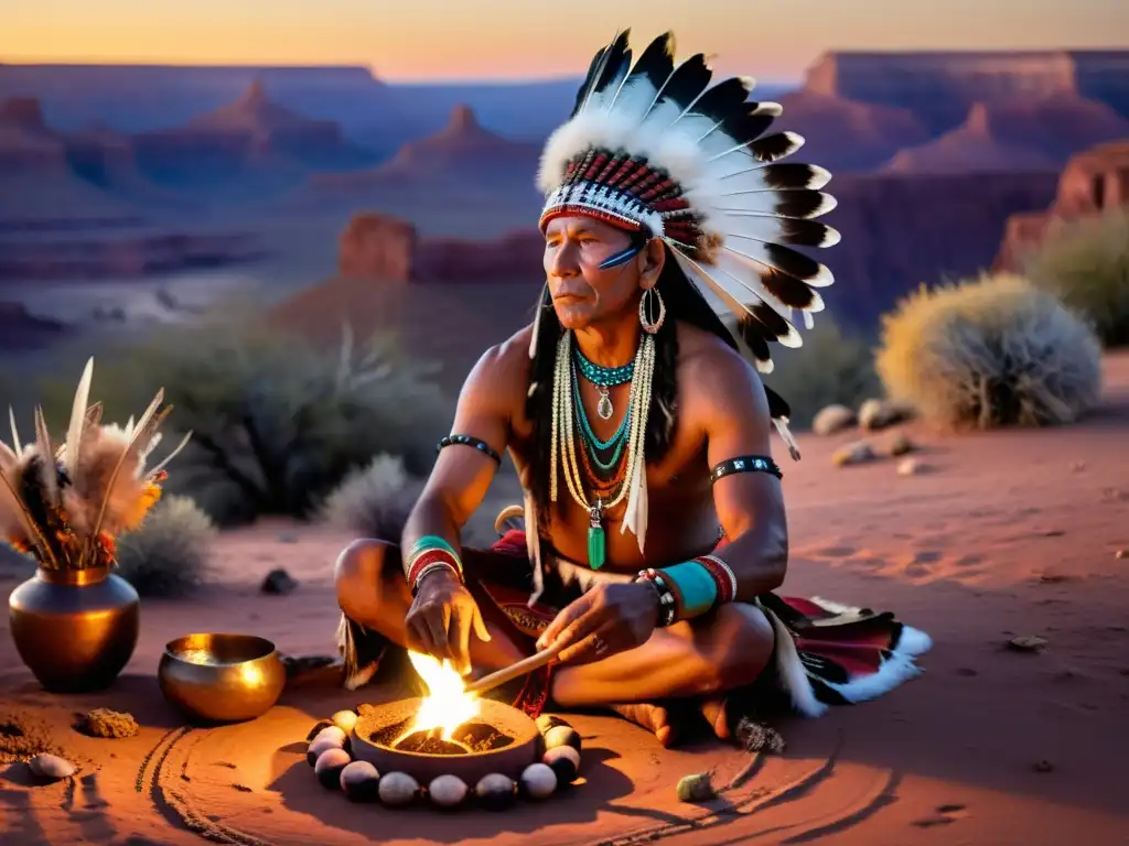 Imagen de un chamán nativo realizando un ritual al atardecer en el suroeste de Norteamérica, evocando la visión chamánica de las tribus