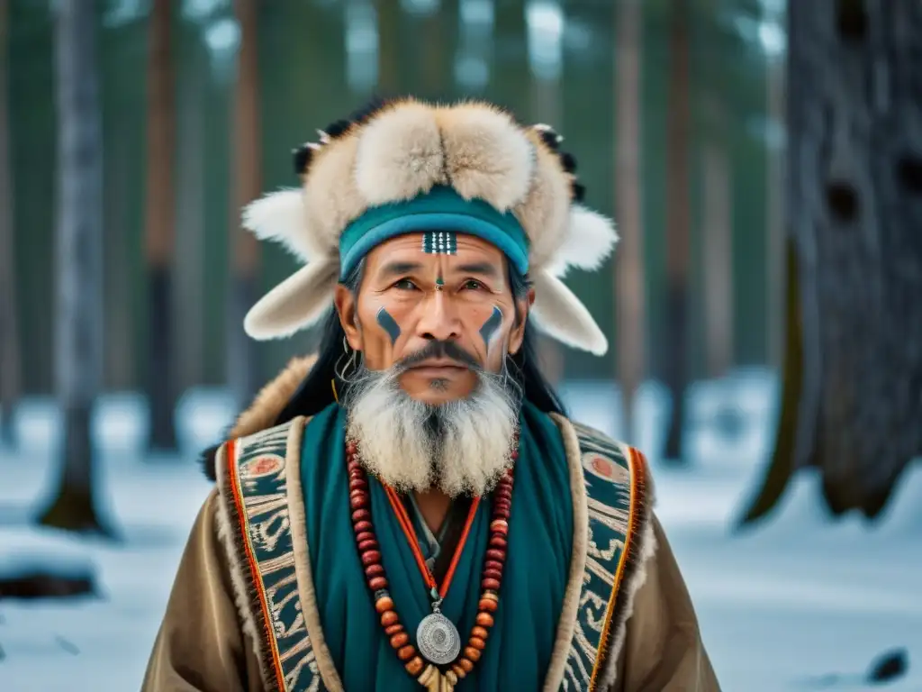 Imagen de un chamán siberiano en un bosque nevado, emanando sabiduría ancestral y conexión con la naturaleza