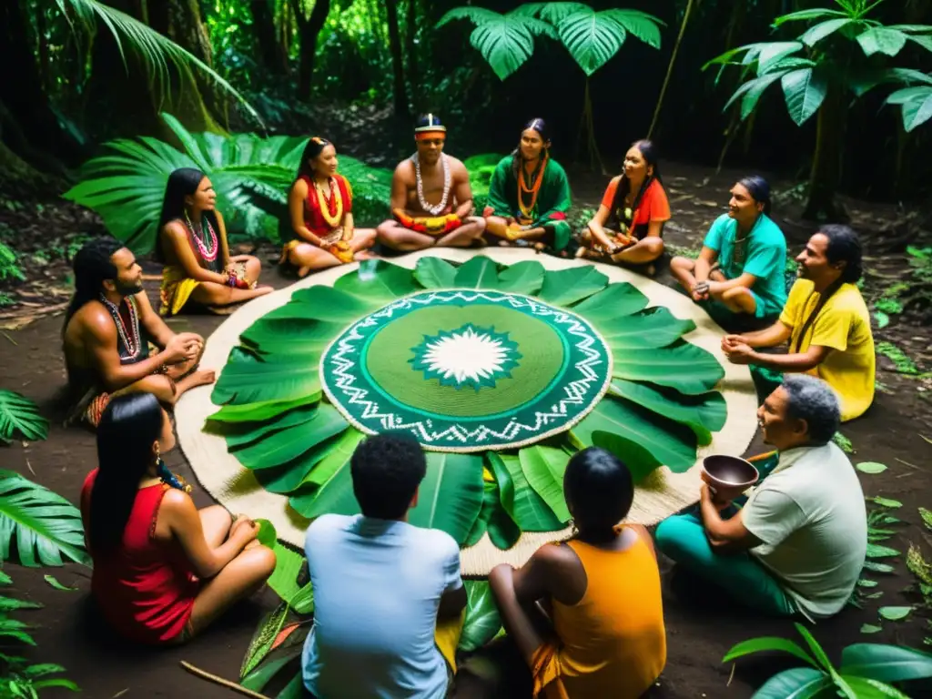 Imagen de un círculo de indígenas en ceremonia de Ayahuasca en la exuberante selva amazónica, expresando la filosofía espiritual de la Amazonía