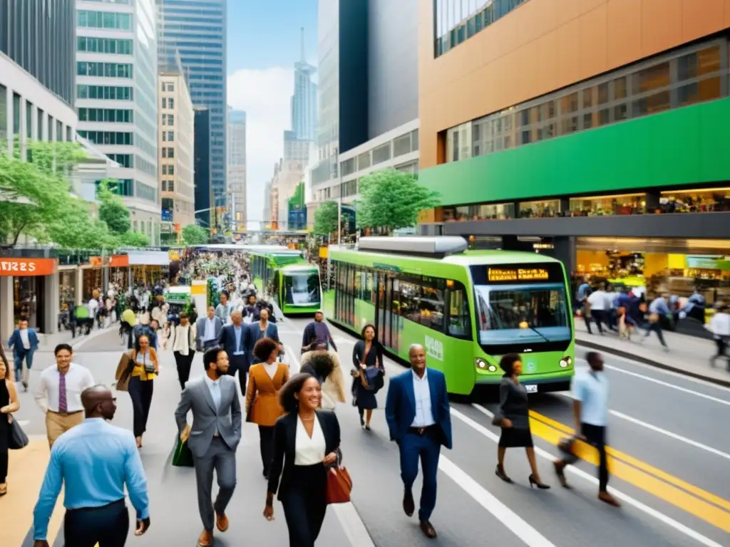 Imagen de ciudad dinámica con enfoque ético en sostenibilidad en negocios, personas participando en prácticas ecoamigables y sostenibles