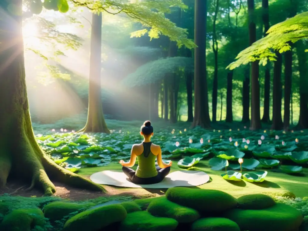 Imagen de un claro en el bosque con una figura meditando en paz, rodeada de luz dorada