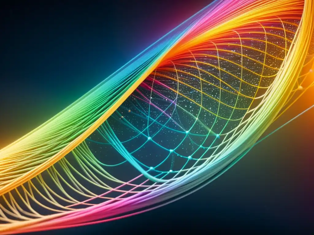 Imagen de compleja red de cuerdas vibrantes en un fondo cósmico, representando la filosofía unificada teoría de cuerdas en física