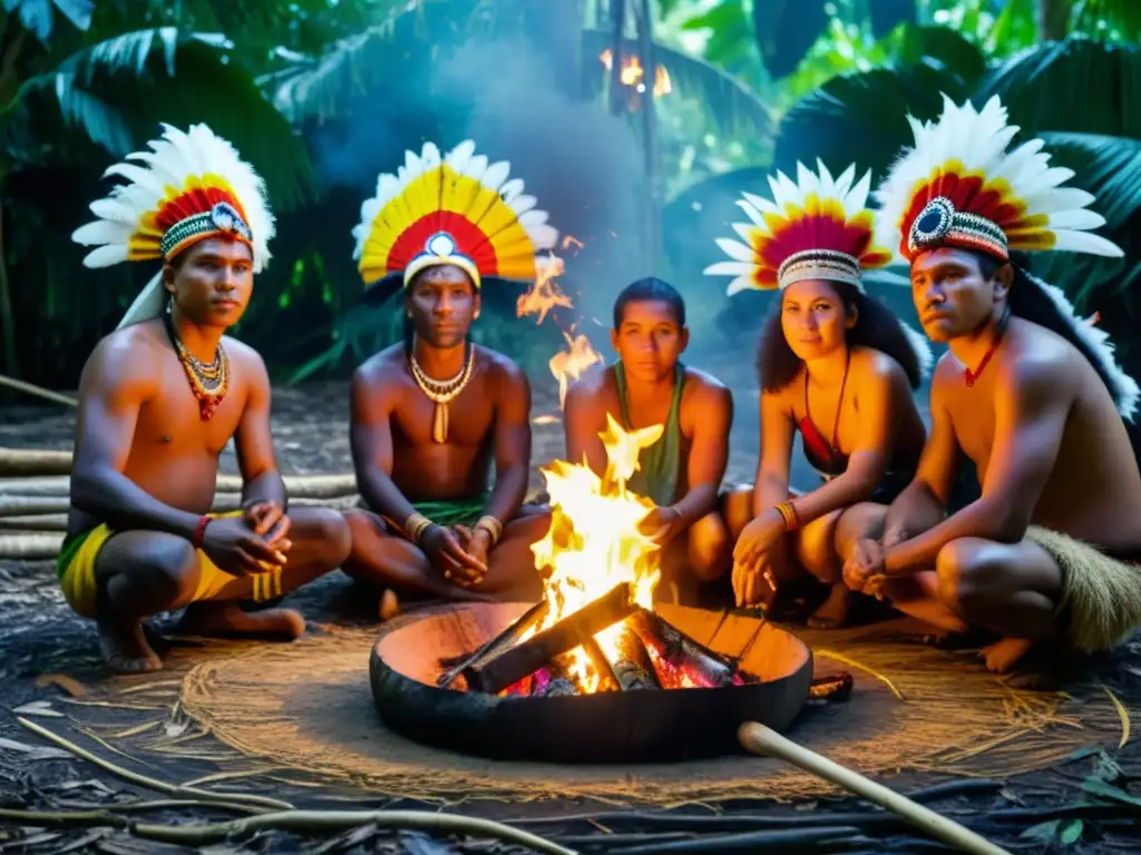 Imagen de la cosmovisión de los Arawak, filosofía caribeña, con gente reunida alrededor de una fogata en la selva tropical