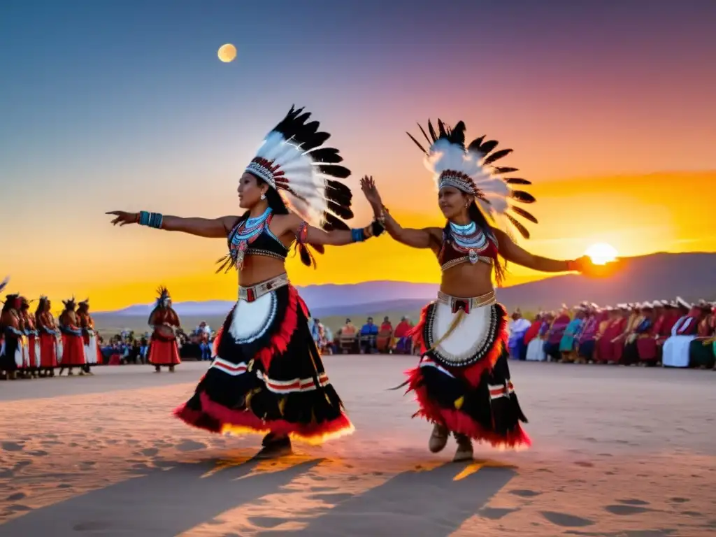 Imagen de la danza sagrada de las tribus, honrando al sol y la luna con trajes tradicionales, movimientos gráciles y atmósfera reverente