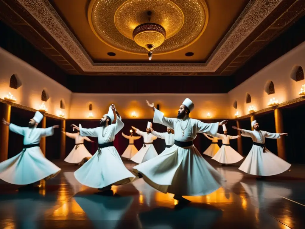 Danza mística de derviches sufíes en 8k Imagen 8k de derviches sufíes en danza giratoria, buscando el divino pensamiento Sufi en una sala ricamente decorada