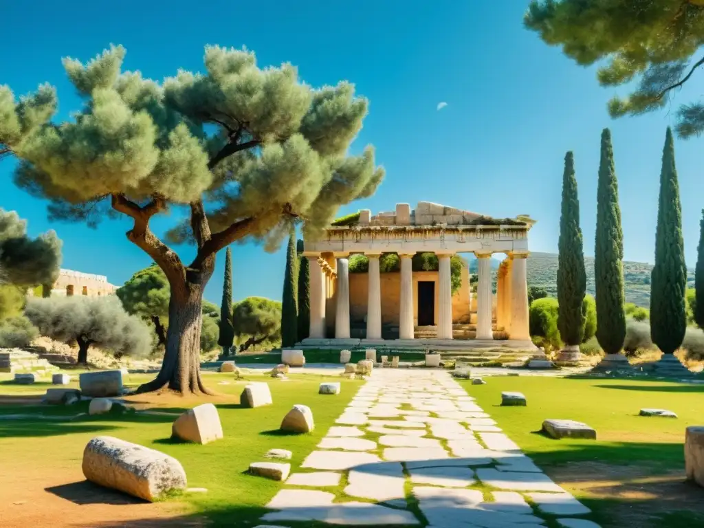 Imagen 8k detallada de una ágora griega antigua iluminada por el sol, rodeada de ruinas de piedra y columnas, con un cielo azul claro