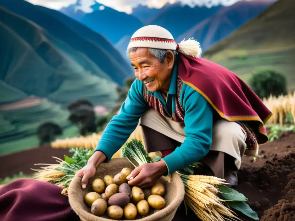 Imagen detallada de un agricultor andino cosechando quinua y papas, resaltando el significado de estos alimentos en la cosmovisión andina