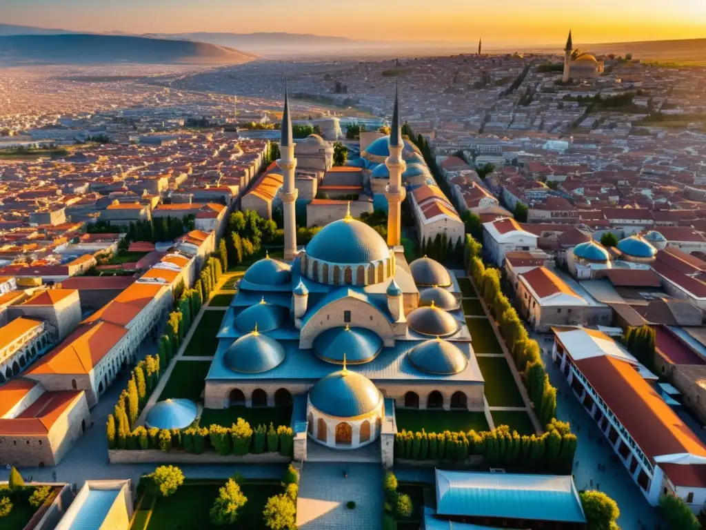 Una imagen detallada en 8k de la antigua ciudad de Konya, Turquía, bañada por la cálida luz del atardecer