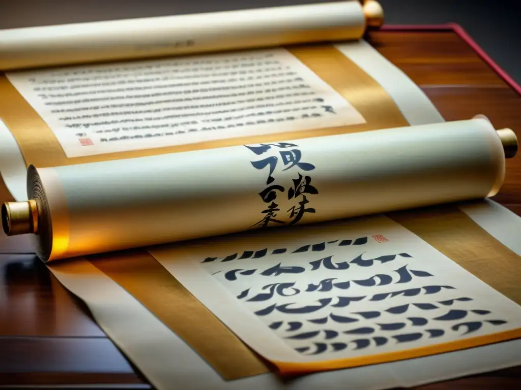 Una imagen detallada en 8k de un antiguo pergamino con intrincada caligrafía de textos sagrados del Confucianismo